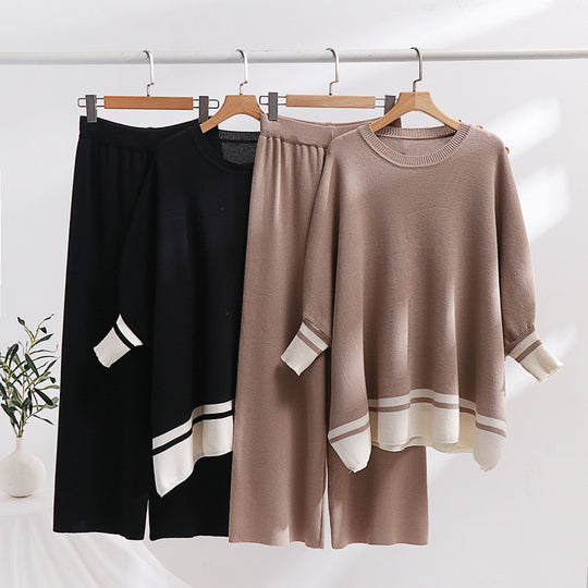 Damen lässiges Strick-Loungewear-Set mit modischem Kontrastsaum und weitem Schnitt EB