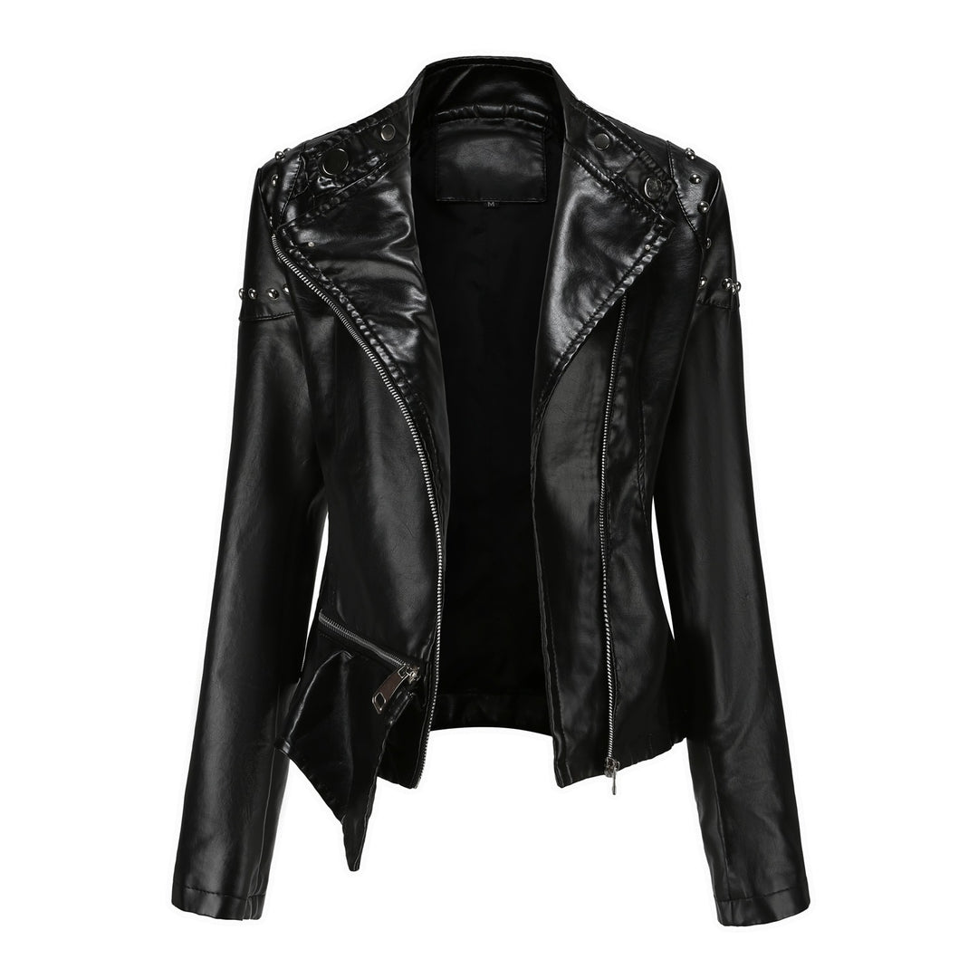 Damen nan asymmetrische Kunstleder-Bikerjacke mit Nietenapplikation und tailliertem Schößchen EB