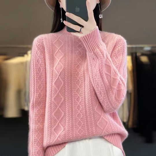 Damen Hochwertiger Strickpullover mit Stehkragen und Zopfdesign EB
