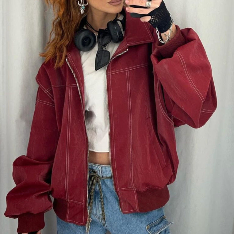 Damen Kunstlederjacke mit elastischen Bündchen und hochschließendem Kragen EB