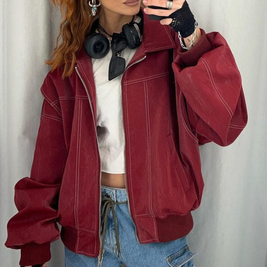 Damen Kunstlederjacke mit elastischen Bündchen und hochschließendem Kragen EB