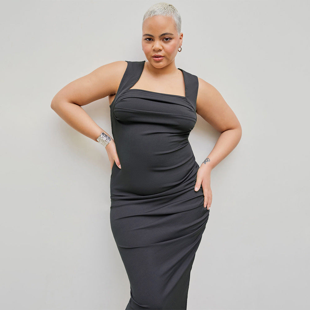 Damen figurbetontes Midikleid mit Quadrat-Ausschnitt und Raffungen EB