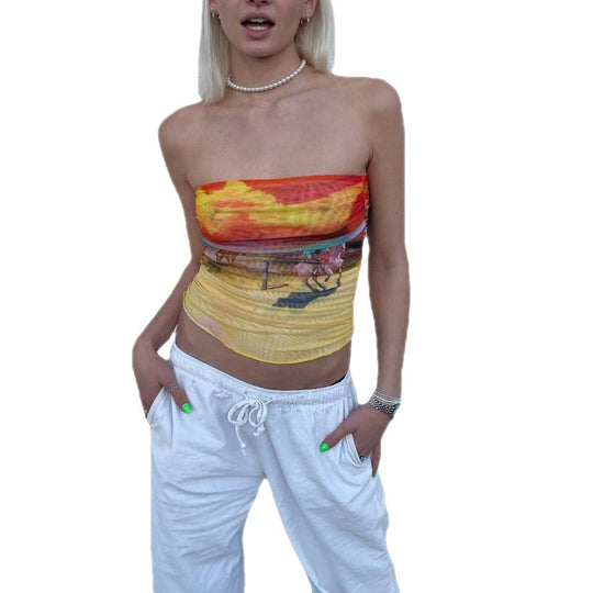 Damen Bandeau-Oberteil mit buntem, künstlerischem Druck und elastischem Material EB