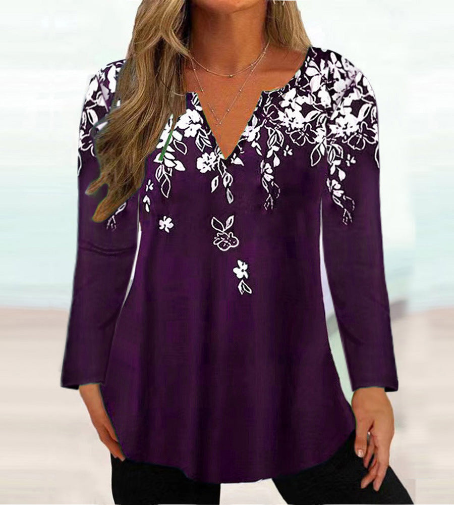 Damen Elegante Bluse mit floralem Design und V-Ausschnitt EB