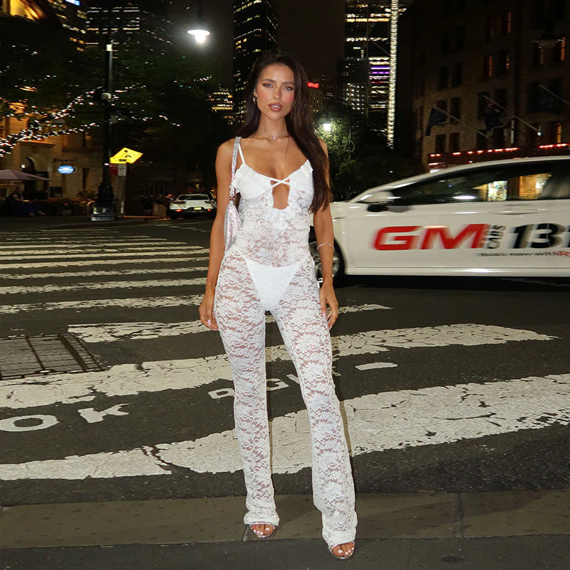 Damen stilvolles Langarm-Catsuit mit Spitzenverzierung und raffiniertem Ausschnitt EB