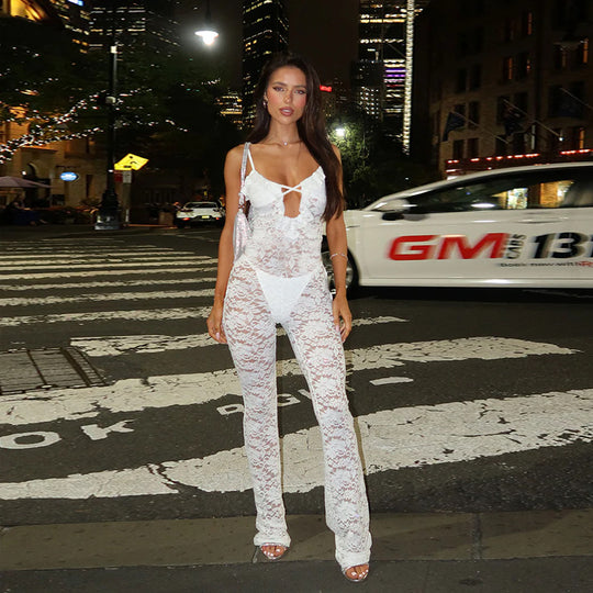 Damen stilvolles Langarm-Catsuit mit Spitzenverzierung und raffiniertem Ausschnitt EB