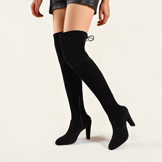 Damen Overknee-Stiefel aus hochwertigem Wildleder mit seitlichem Reißverschluss und eleganter Schnürung EB