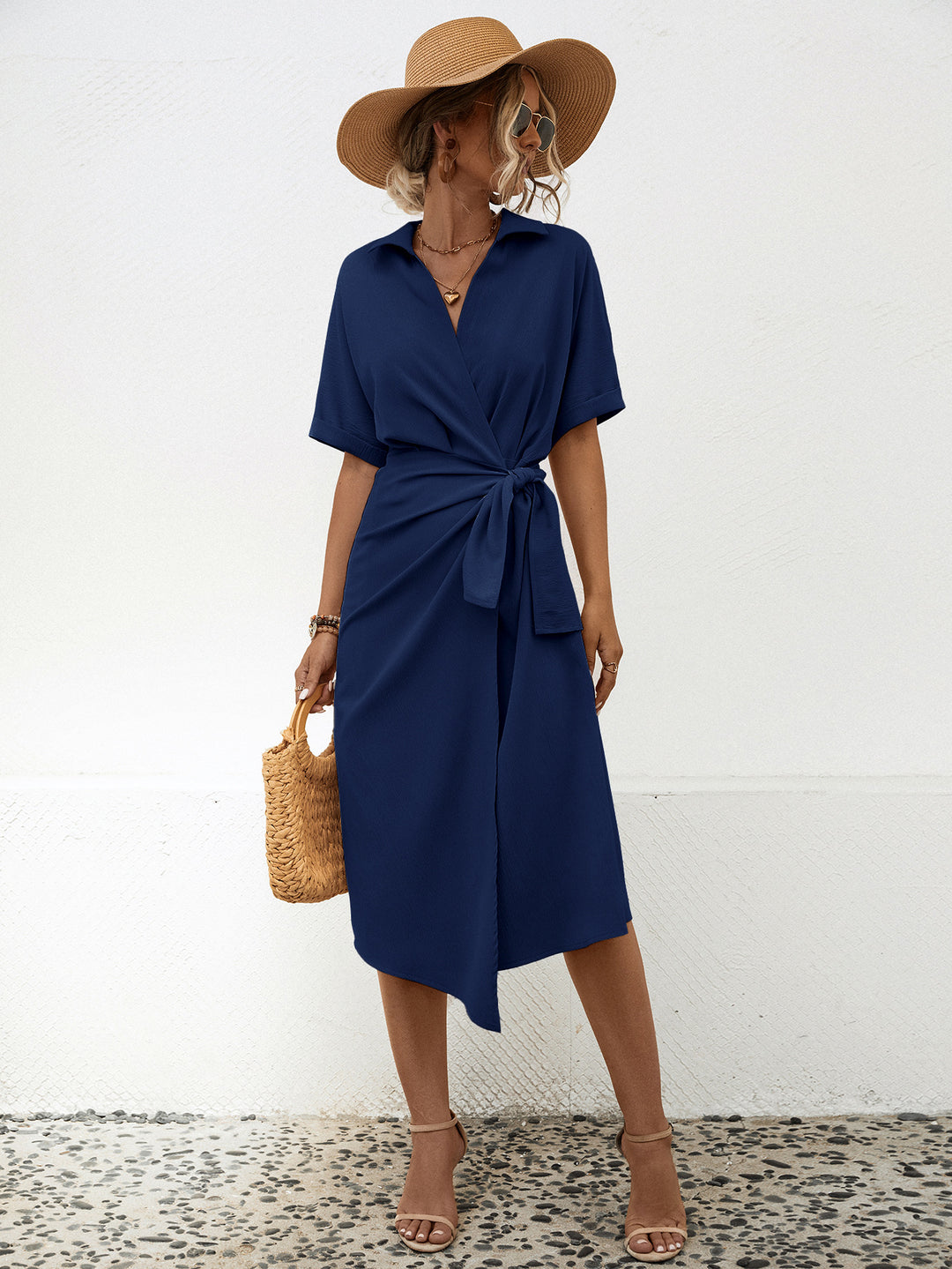 Damen Wickelkleid mit elegantem Kragen und Taillengürtel EB
