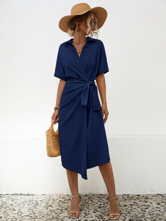 Damen Wickelkleid mit elegantem Kragen und Taillengürtel EB