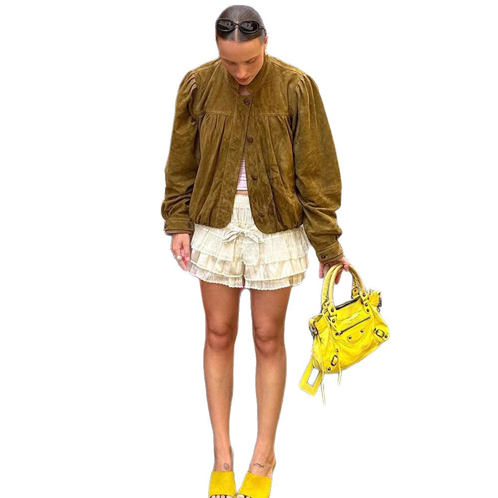 Damen Wildlederjacke mit Puffärmeln EB