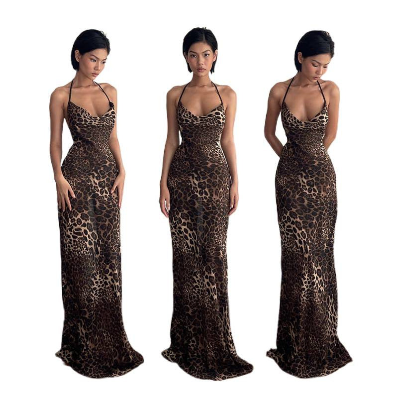 Damen Maxikleid mit elegantem Leopardenprint und offenem Rückenteil EB