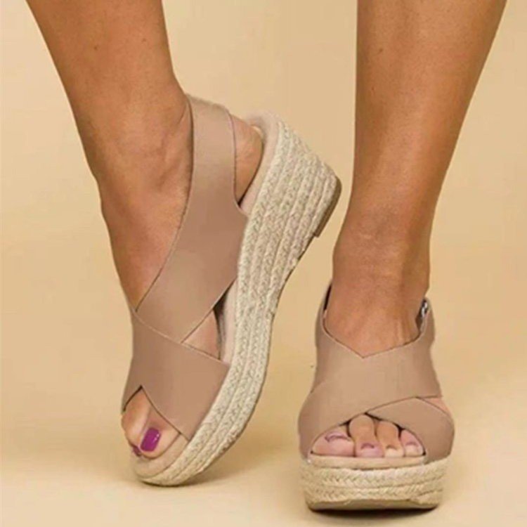 Damen Wedge-Sandalen mit Cross-Over-Riemen und juteumrandeter Sohle EB