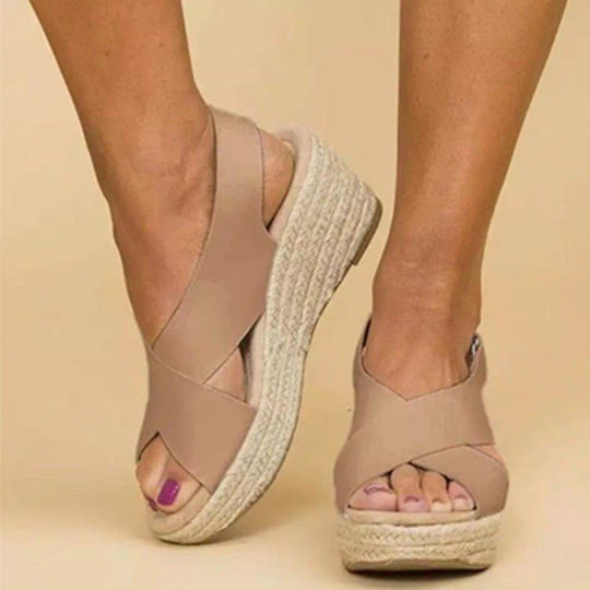 Damen Wedge-Sandalen mit Cross-Over-Riemen und juteumrandeter Sohle EB