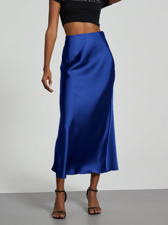 Damen Stilvolle Satin-Stretchrock mit hohem Bund und fließendem Schnitt EB