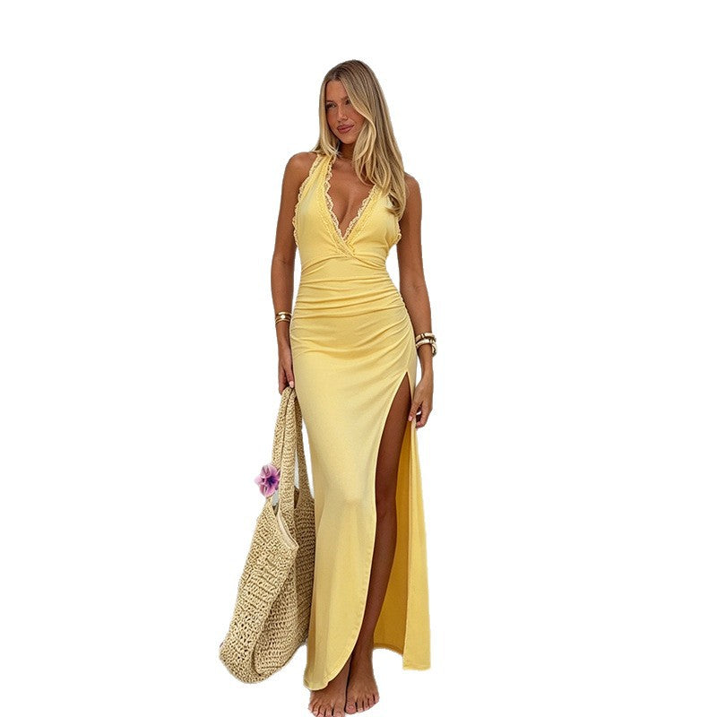 Damen Maxikleid mit tiefem V-Ausschnitt und seitlichem Schlitz EB