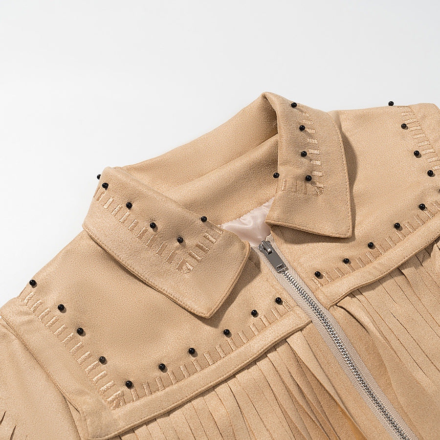 Damen modische Fransenjacke mit dekorativen Nieten EB