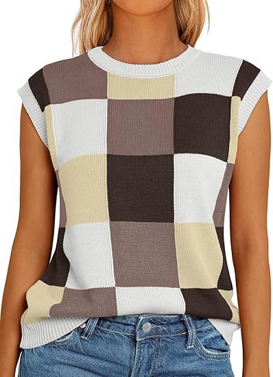 Damen lässiges ärmelloses Pullover-Top mit karierter Musterung EB