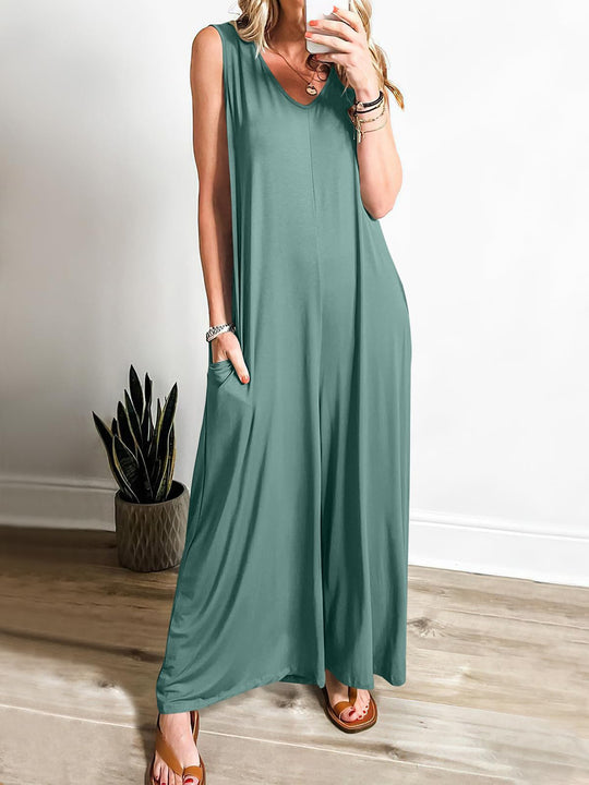 Damen ärmelloses Maxikleid mit seitlichen Taschen und fließender Silhouette EB