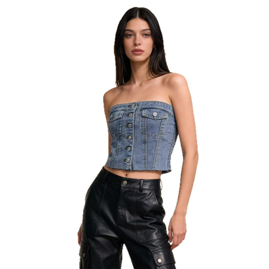Damen Denim Bustier-Top mit Knopfdetail und Fransen EB