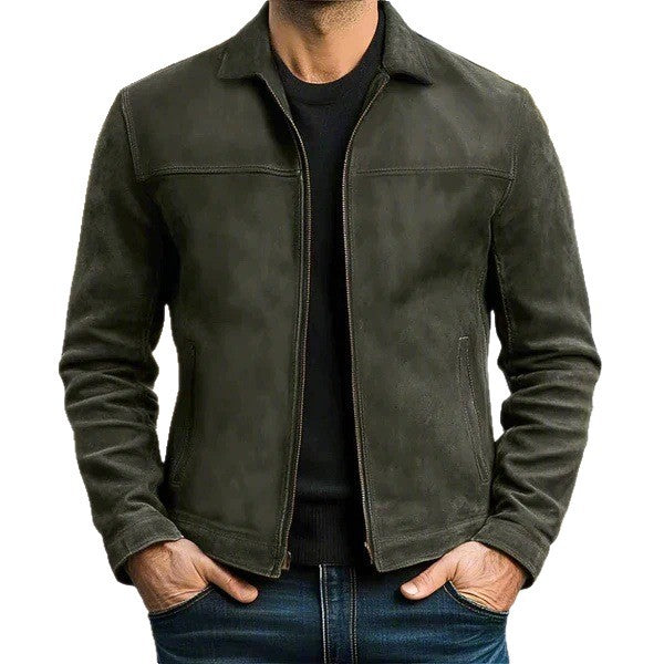 Herren Vintage Velourslederjacke mit schmaler Passform und Reißverschluss EB