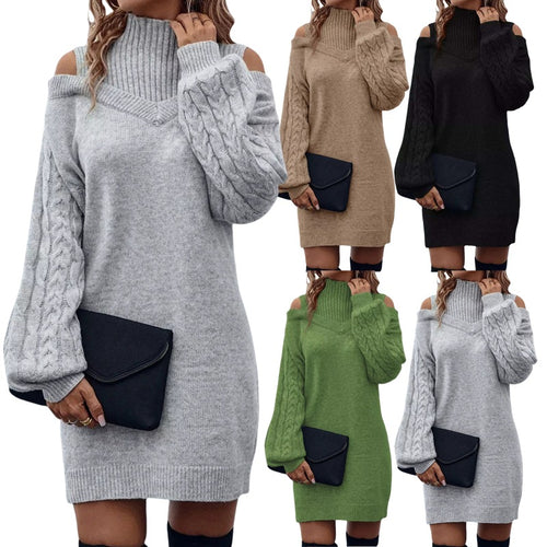 Damen Strickkleid mit Off-Shoulder-Design und einzigartigem Zopfstrick EB