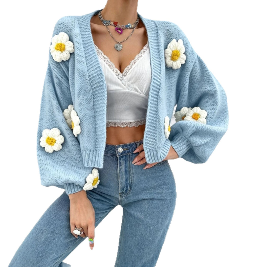 Damen Kurzgeschnittener Grobstrick-Cardigan mit 3D-Blütenapplikationen EB