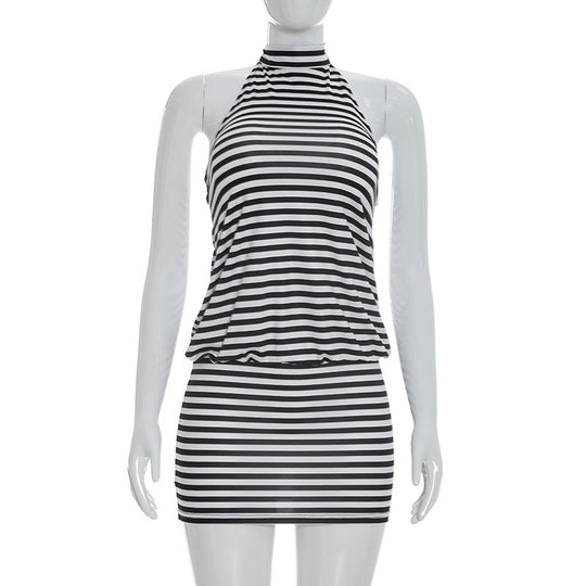 Damen sportliches Wickelkleid mit hochgeschlossenem Schnitt und modischem Streifenmuster EB