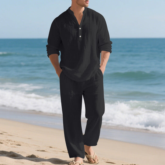 Herren entspannendes Langarm-Hemd & Freizeithose Set EB