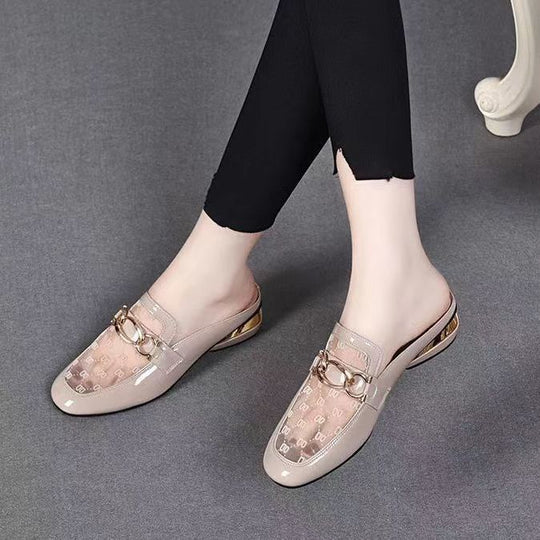 Damen elegante Mules mit transparentem Obermaterial und gildenen Akzenten EB