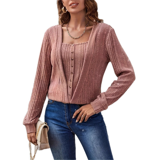 Damen Strickpullover mit tiefem V-Ausschnitt und Knopfdetails EB