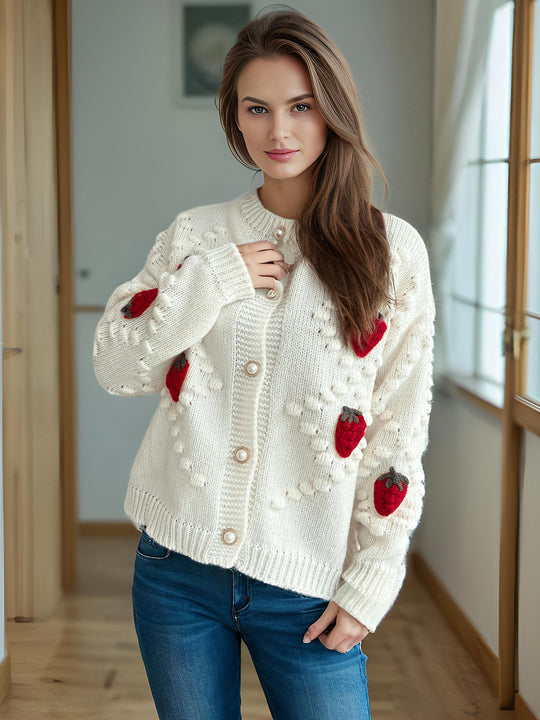Damen Strickjacke mit verspieltem Erdbeermotiv und Knopfdetails EB