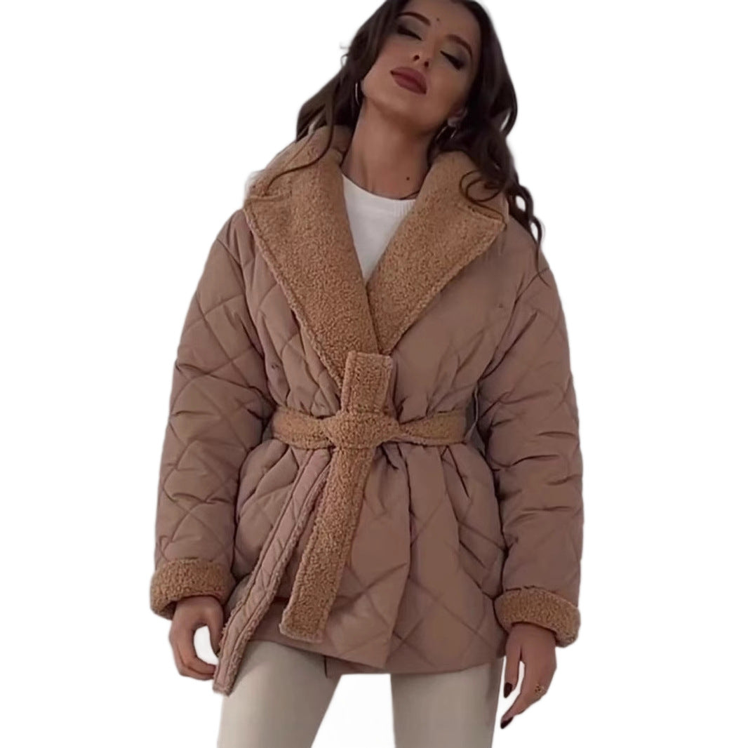 Damen gesteppte Fleecejacke mit Gürtel und großem Kragen EB