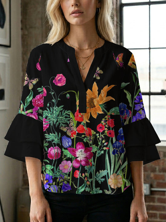 Damen lässige Bluse mit Volantärmeln und botanischem Druck EB