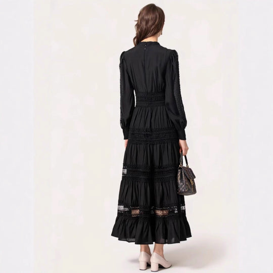 Damen romantisches Maxikleid mit transparenten Einsätzen und Rüschendetails EB