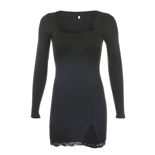 Damen figurbetontes Langarmkleid mit Spitzenakzenten und sexy Schlitz EB