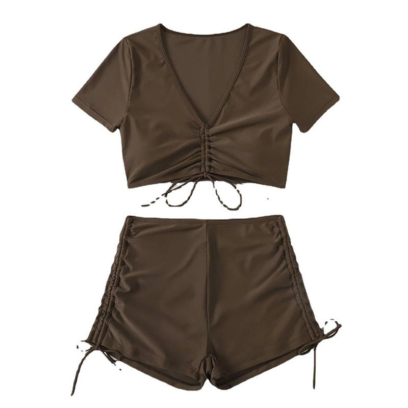 Damen Badeset mit gerafftem Oberteil und hoch tailliertem Slip EB