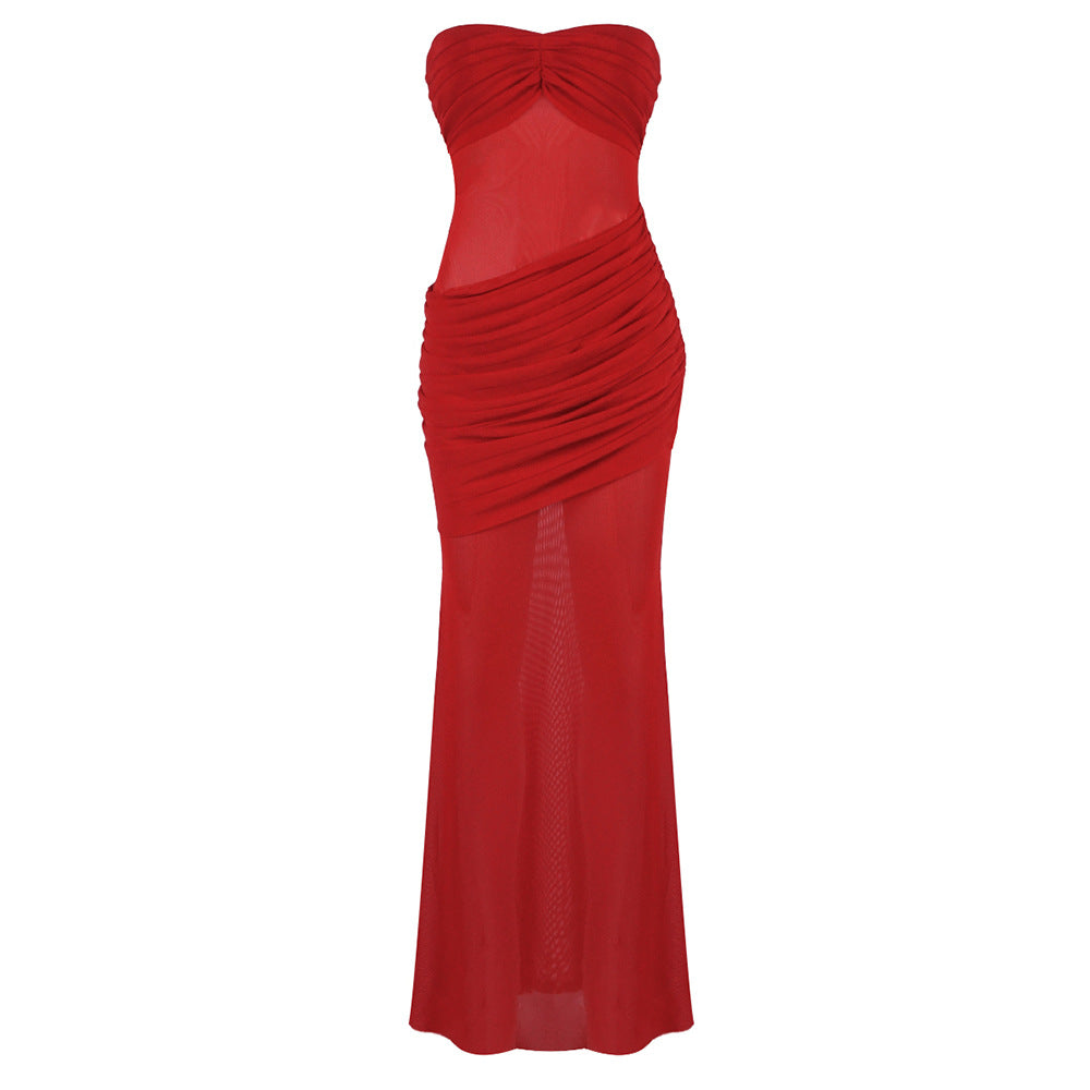 Damen Elegantes trägerloses Maxikleid mit raffiniertem Drapé und transparenten Einsätzen EB