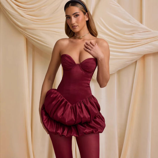 Damen Cocktailkleid mit ausgefallenem Bustier-Design und voluminösem Rüschensaum EB