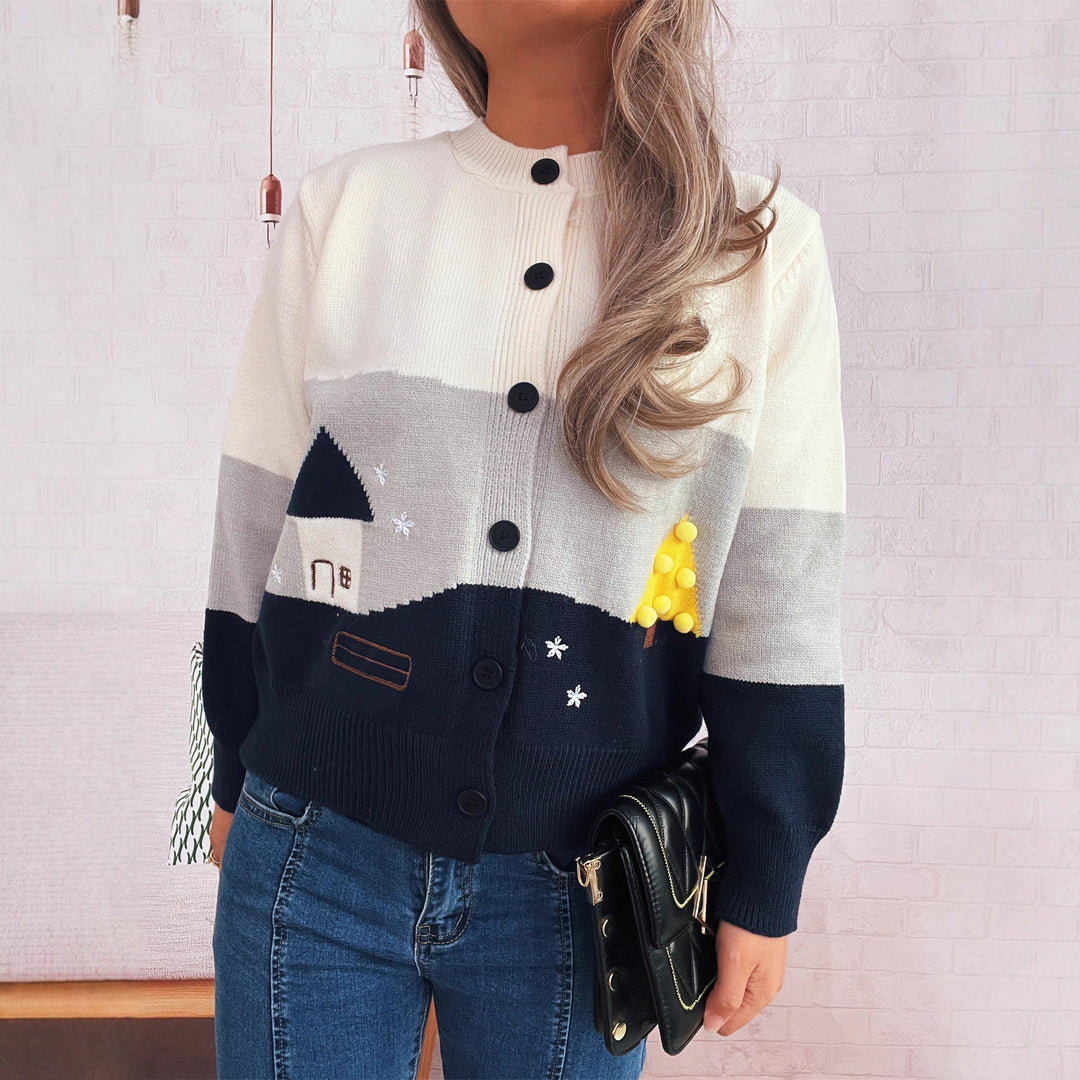 Damen Strickjacke mit festlichem Motiv und Knopfdetails EB