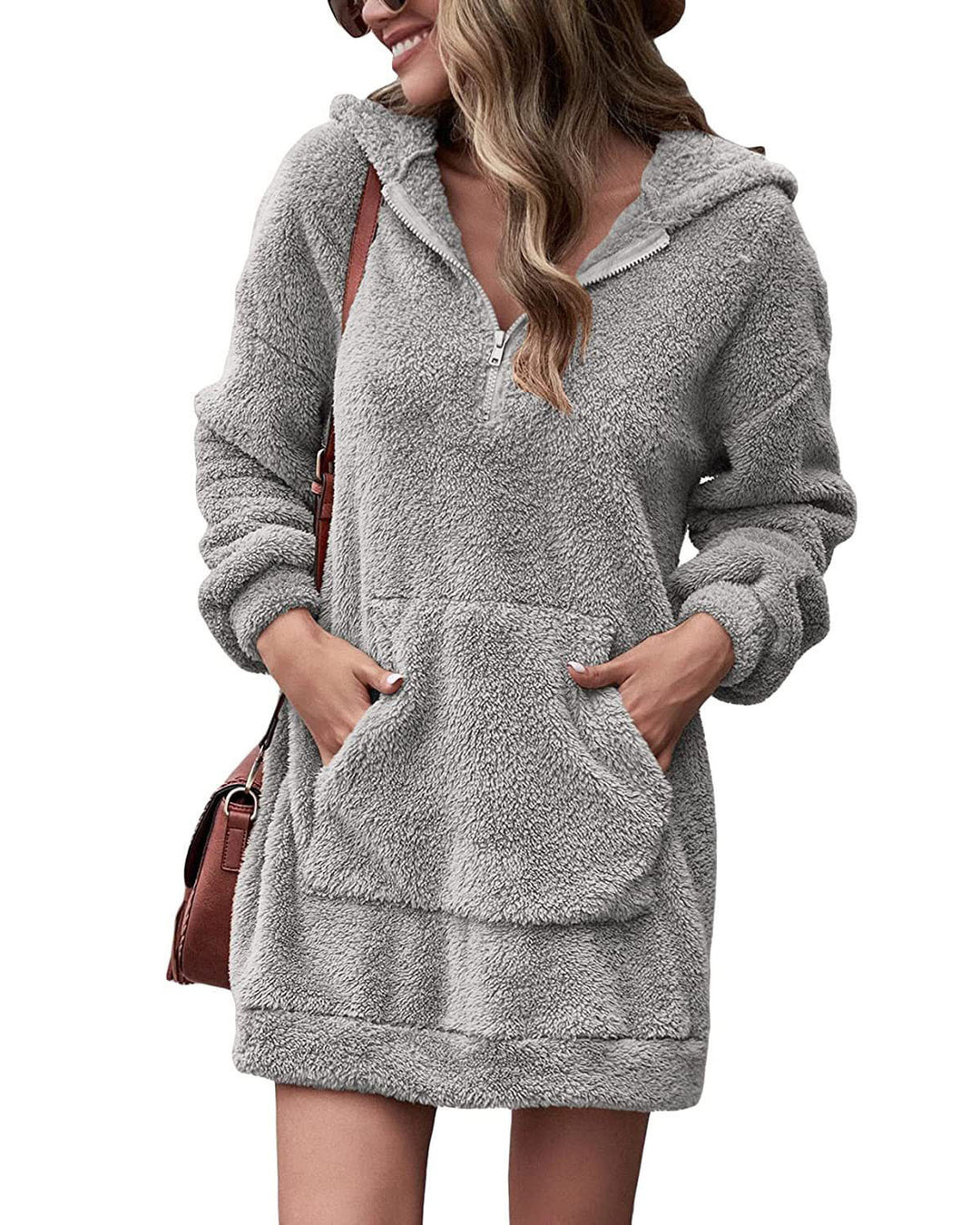 Damen Fleece-Kapuzenkleid mit Taschen und Reißverschluss EB
