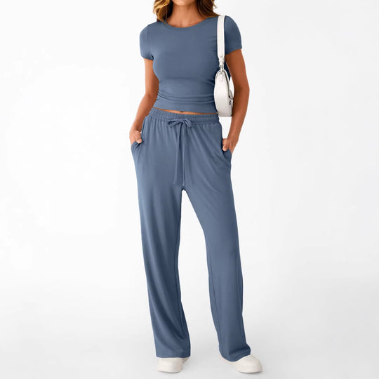 Damen lässiger Freizeitanzug mit kurzen Ärmel und weiten Hosen EB