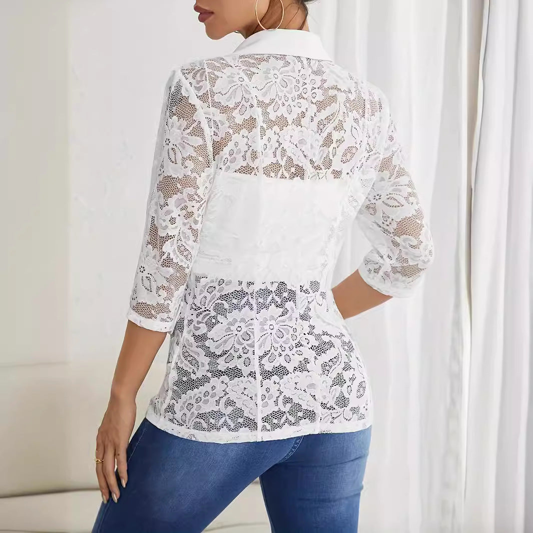 Damen Elegante Blazerjacke mit transparenter Spitzenverarbeitung EB