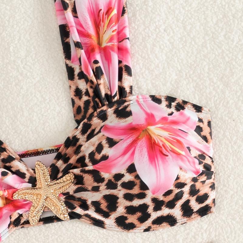 Damen Bikini-Set mit floralem Leopardenmuster und elegantem Knotendetail EB