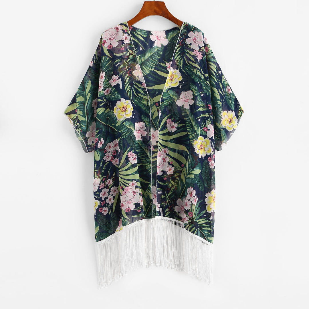 Damen Kimono mit floralem Design und Fransen EB