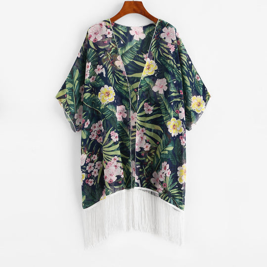 Damen Kimono mit floralem Design und Fransen EB