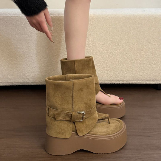 Damen Plateau-Stiefel mit geschwungenem Riemendesign EB