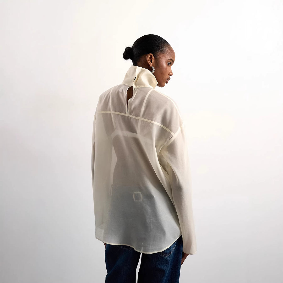 Damen Elegante Bluse aus transparentem Stoff mit stehendem Kragen EB
