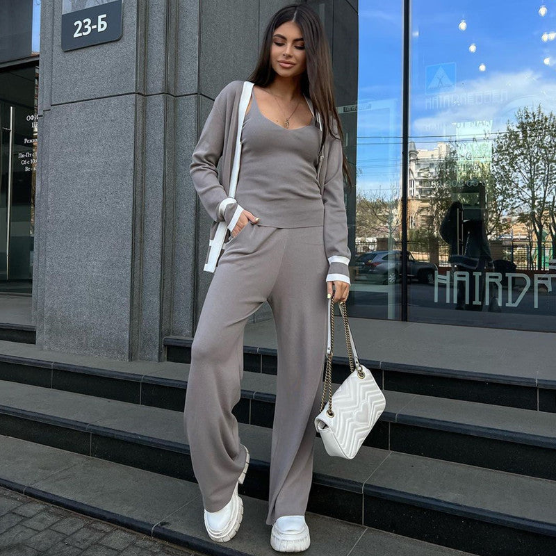 Damen lässiges Strick-Loungewear-Set mit hochwertigem Zip-Cardigan und Weitbein-Hosen EB