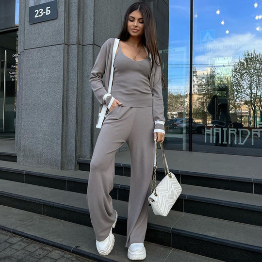Damen lässiges Strick-Loungewear-Set mit hochwertigem Zip-Cardigan und Weitbein-Hosen EB