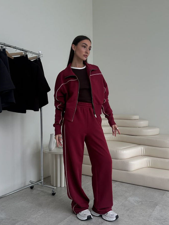 Damen nan zweiteiliges Sport-Loungewear-Set mit Stehkragen und Kontrastpaspel EB